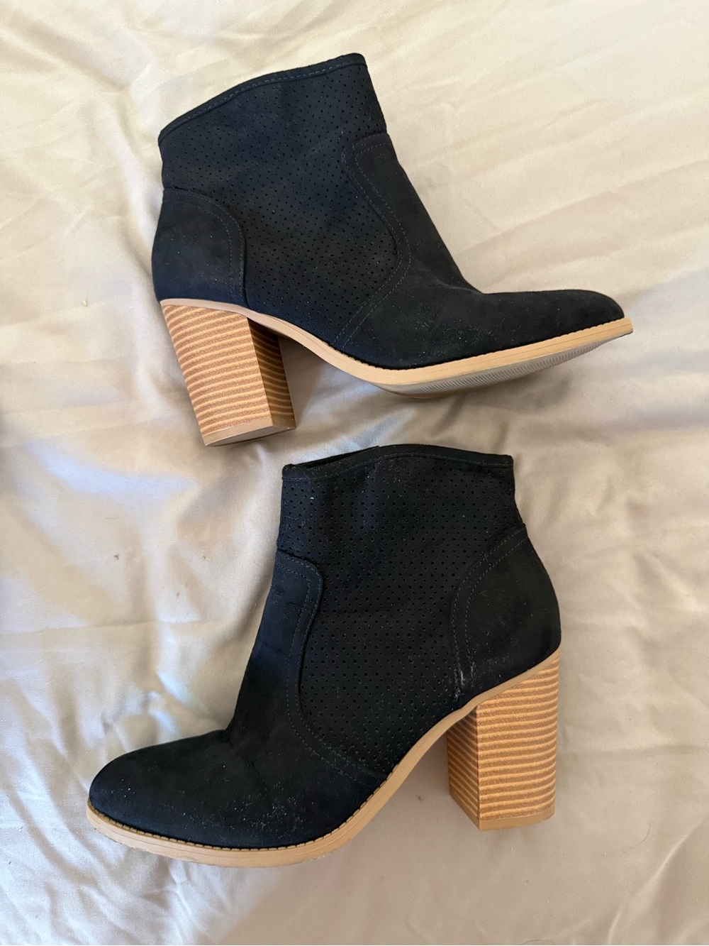 Sun + Stone Black Suede Perforated Ankle Booties with Stacked Tan Heel